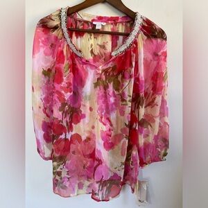 NWT Charter Club Beaded Blouse, Pink Print, Women’s Petite/ Small